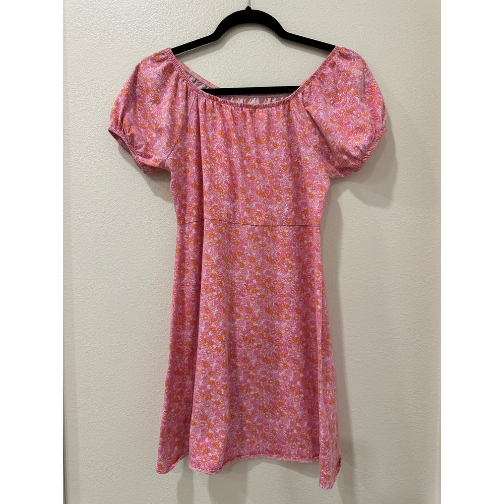 Sugar & Jade Girls XL 14/16 Pink Orange Floral Daisy Puff Sleeve Mini Dress Boho